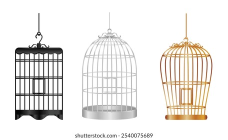 Set illustration of  three decorative bird cages in distinct colors: black, silver, and gold. Each cage has a unique design, perfect for vintage-inspired decor, weddings, or home interior aesthetics.