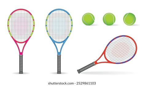 Conjunto de ilustración de tres raquetas de tenis diferentes con diseños brillantes y llamativos, acompañados de cuatro pelotas de tenis. Cada raqueta es de un color único, con tonos rosados, azules y naranjas.