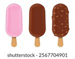 Set illustration of three ice cream bars arranged in a row. The first bar is coated in pink glaze, the second in smooth chocolate, and the third in chocolate with nut pieces. Each ice cream bar is on