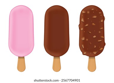 Set illustration of three ice cream bars arranged in a row. The first bar is coated in pink glaze, the second in smooth chocolate, and the third in chocolate with nut pieces. Each ice cream bar is on