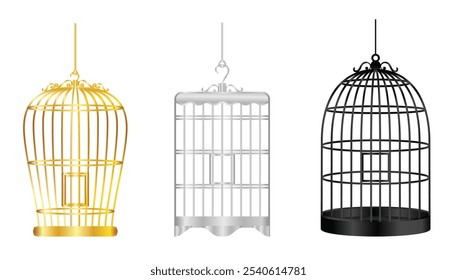 Set illustration of three intricately designed bird cages in gold, silver, and black. Each cage has a distinct style, perfect for use in wedding decor, home interiors, or vintage-themed events.