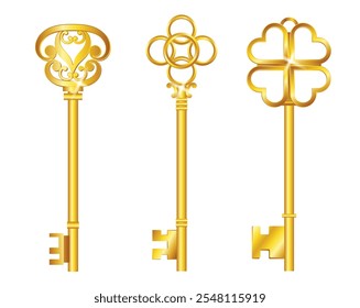 Set illustration of three intricately designed golden vintage keys, each with unique and elegant head patterns. The ornate designs include a heart-shaped motif, a circular floral pattern, and a clover