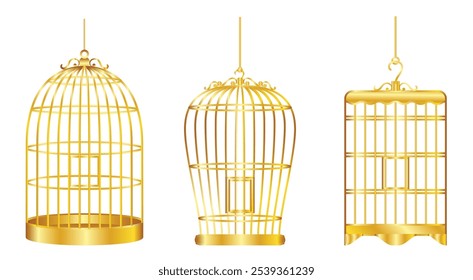 Set illustration of three luxurious gold bird cages, each with unique designs and intricate details. The cages have an antique finish, embodying a blend of vintage and elegant styles, ideal for