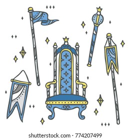 Set illustration of throne, flags, scepter. Perfect for kids room decoration, party printables, background element, invitation, frame design, etc