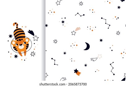 A set of illustration with a tiger and a seamless pattern with stars.