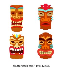 Set of Illustration of tiki idol in flat style. Design element for logo, label, sign, poster. Vector illustration