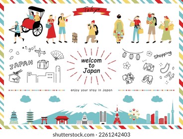 set illustration of tourists visiting Japan from other countries and Japanese landmarks