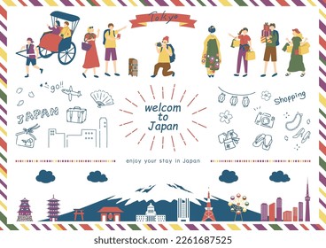 set illustration of tourists visiting Japan from other countries and Japanese landmarks