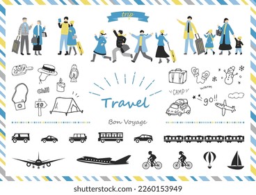 set illustration of traveling people and traffic icons