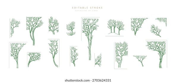Set of illustration of tree as corners and decorations elements. Luxury elegant design elements for wedding invitation, brochure or save the date card. Editable stroke