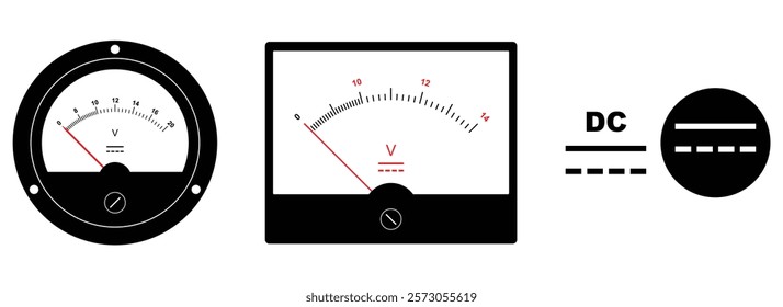 Set illustration of two analog voltmeters, both measuring DC voltage, along with the DC voltage symbol. The round and rectangular meters feature needle indicators showing voltage levels, while the DC