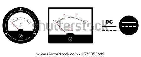 Set illustration of two analog voltmeters, both measuring DC voltage, along with the DC voltage symbol. The round and rectangular meters feature needle indicators showing voltage levels, while the DC