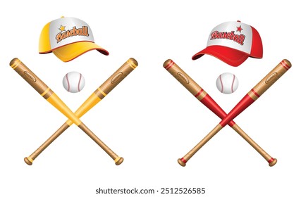 Set illustration of two baseball sets featuring caps, crossed bats, and baseballs. On the left, the set includes a yellow and white cap with yellow bats and a baseball. On the right, the set showcases