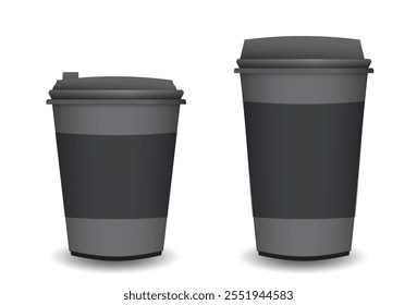 Set Illustration of two blank disposable coffee cups with lids, side by side. The cups are black or white and designed for hot beverages like coffee or tea. Perfect for mockups, branding, or advertisi