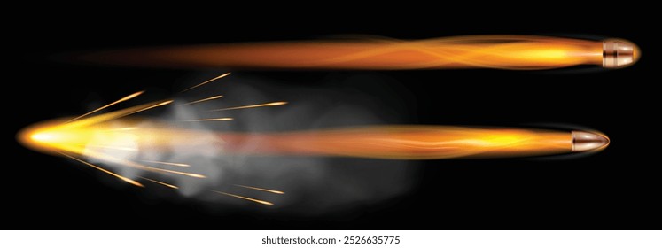 Ilustração de duas balas correndo pelo ar, deixando trilhas em chamas de luz e faíscas em seu rastro. A bala superior se move com um brilho suave e inflamado, enquanto a bala inferior se libera