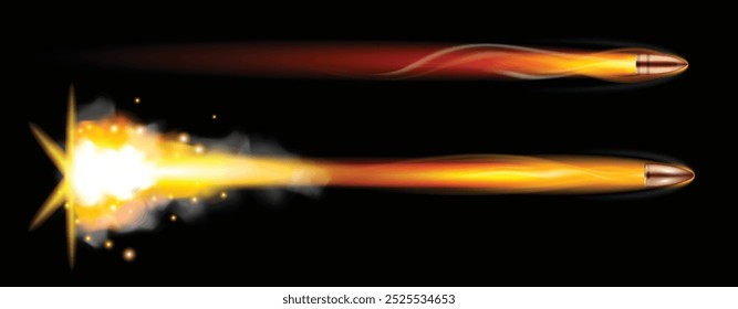 Definir ilustração de duas balas que viajam pelo ar em alta velocidade, deixando para trás trilhas incendiadas. O marcador superior exibe uma trilha vermelha-quente elegante, enquanto o marcador inferior apresenta uma dinâmica
