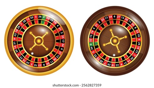 Set illustration of two classic roulette wheels with a gold and wooden design. The image highlights the intricate details of the numbers, colors, and overall craftsmanship, making it ideal for casino