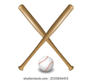 Set illustration of two crossed wooden baseball bats with a baseball positioned below them. The image highlights classic baseball elements, symbolizing the sport's spirit and tradition.