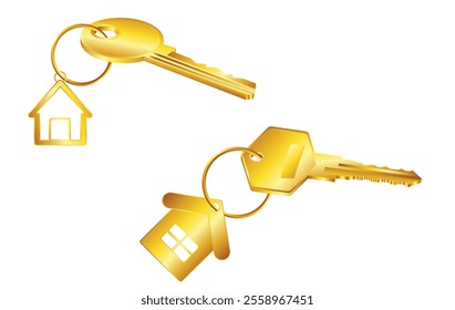 Set illustration of two golden house keys with house-shaped keychains. This symbolic illustration represents real estate, home ownership, rental properties, and security. Ideal for property businesses