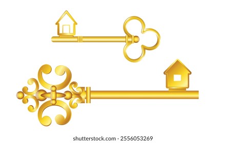 Set illustration of two golden keys, one featuring ornate vintage designs and the other a minimalist design with house-shaped icons. Ideal for real estate, luxury branding, or key-related themes.