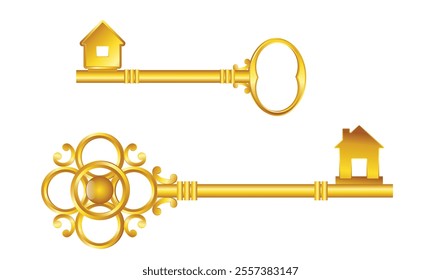 Set illustration of two golden keys. One key has a house-shaped top, symbolizing home ownership or real estate, while the other showcases an ornate vintage design, representing elegance and luxury.