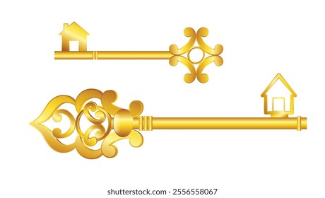 Set illustration of two golden vintage keys. The keys feature intricate designs, including a house motif and ornate patterns, representing style and elegance.