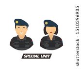 Set Illustration of two man and woman  special unit police officer on duty for high level threat with black navy uniform and beret