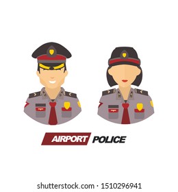 Set Illustration of two man and woman  airport and plane police officer on duty for passenger safety with red maroon and dark brown uniform