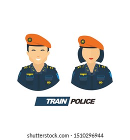 Set Illustration of two man and woman train police officer on duty for passenger safety with black navy uniform and orange beret