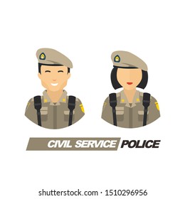 Set Illustration of two man and woman  civil service police officer on duty for civilian and mass control with khaki uniform and beret