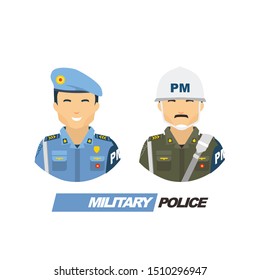 Set Illustration of two military police on duty for with red blue and dark green uniform
