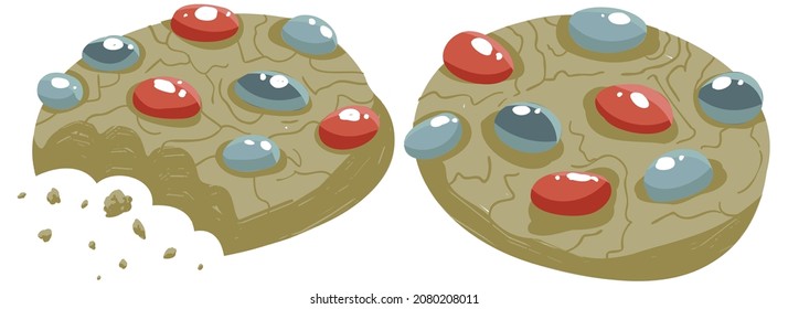 Set illustration of two round oatmilk cookies with red and blue dragee