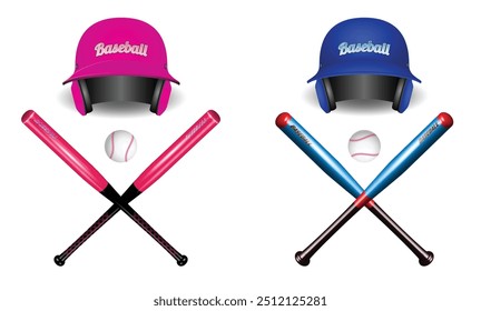 Conjunto de ilustración de dos Conjuntos de equipo de béisbol. Cada juego incluye un casco de béisbol, bates cruzados y una pelota. El lado izquierdo presenta un casco rosa con bates rosas a juego y una pelota de béisbol