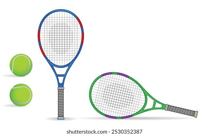 Conjunto de ilustración de dos raquetas de tenis y dos pelotas de tenis. Una raqueta de tenis es azul con acentos rojos, de pie, mientras que la otra es verde con acentos púrpuras, acostada horizontalmente. Ambas raquetas