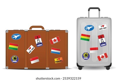 Set illustration of two travel suitcases decorated with various destination stickers. The brown suitcase and the silver rolling suitcase are covered in stickers representing popular travel destination
