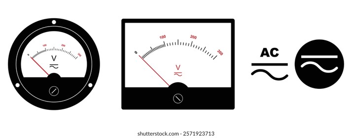 Set illustration of two types of analog AC voltmeters and AC voltage symbols. The round and rectangular meters display voltage readings for alternating current (AC) with a red needle indicating