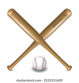 Set illustration of two wooden baseball bats crossed in an "X" shape behind a baseball. The bats have a smooth, natural wood texture, with one labeled "Baseball." The baseball rests in front of the