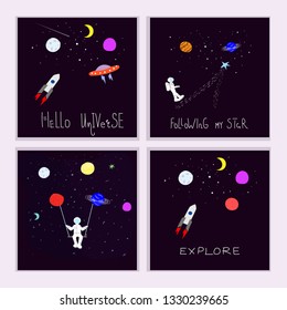 Set of illustration Universe Space Planet Star astronaut moon rainbow travel cosmos astronomy graphic design typography element. Hand written postcard. Cute simple vector paper cutout collage - Vector