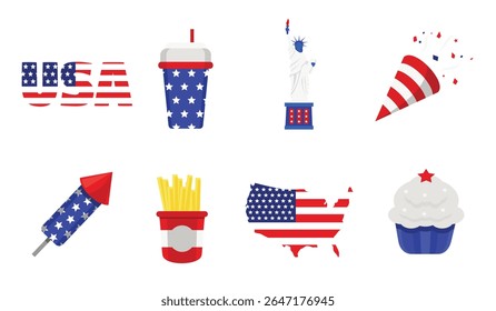 Set Illustration USA Independence of American patriotic illustrations with food, fireworks, and landmarks