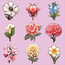 Set Of Illustration Variety Of Delicate And Colorful Full Bloom Flowers Anemone, Bleeding Heart, Bluebell, Calla Lily, Camellia, Carnation, Cherry Blossom, Chrysanthemum, Daffodil Flowers