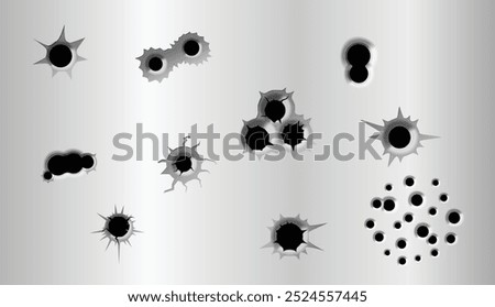 Set illustration of various bullet hole patterns on a metallic surface, featuring different groupings and impact styles. The bullet holes exhibit jagged edges and radial cracks, with some displaying