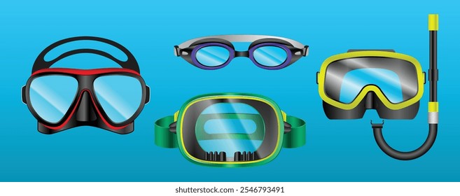 Set illustration of various diving and snorkeling masks, featuring different styles and designs. The image includes goggles and snorkels against a bright blue background, ideal for use in underwater