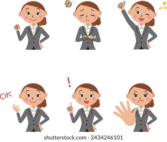 Set illustration of various poses and expressions of female office workers