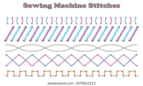 Set illustration of various sewing machine stitch patterns commonly used in sewing and embroidery projects. The image displays multiple stitch types including straight, zigzag, decorative