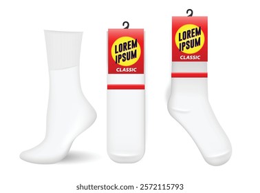 Set Illustration of various white socks Packaging with Hooks, foot wear mockup isolated  
