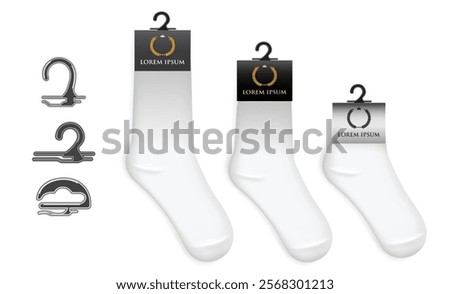 Set Illustration of various white socks Packaging with Hooks, foot wear mockup isolated 