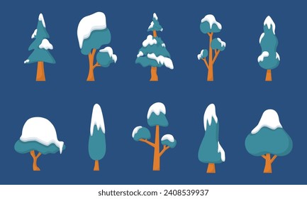 Set of Illustration vector graphic of tree snow green trees with snow isolated, fir tree, spruce tree, festive poster or party invitation
