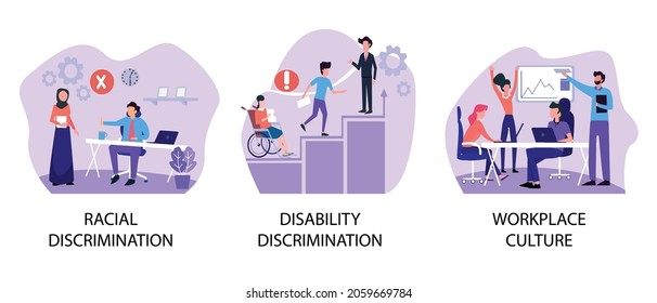 Set Of Illustration Vector Workplace Culture, Racial Discrimination, Disability Workplace Discrimination, Equal Employment Opportunity, Shared Values, Prejudice And Bias Abstract Metaphor.