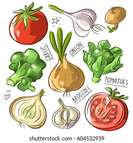 Set illustration vegan mix with tomatoes, onions, garlic, broccoli and lettering