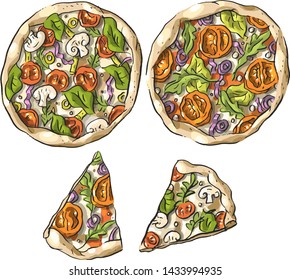 Set illustration with vegan pizza and the pieces of pizza, slice of pizza